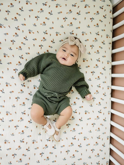 Cream Floral Muslin Crib Sheet by Mebie Baby, Soft and Breathable Bed Sheets for Babies, Modern Neutral Bedding for Cribs, Standard Crib Mattress Fitted Sheet, Great for Boy or Girl Room or Nursery