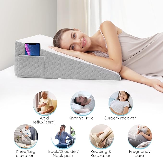 Forias 7.5" Wedge Pillow for Sleeping Bed Wedge Pillow for After Surgery Triangle Elevated Pillow Wedge for Acid Reflux Gerd Snoring Back Pain, Air Layer Removable Machine Wash Cover | Memory Foam Top