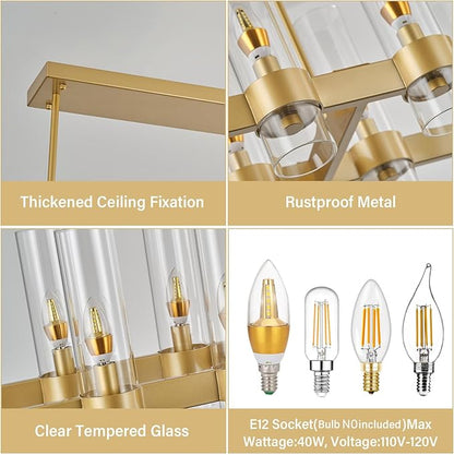 Brass Kitchen Island Lighting- 16-Light Linear Chandelier, Adjustable 54'' Modern Farmhouse Rectangle Pendant Light Fixtures, Dining Room, Bedroom