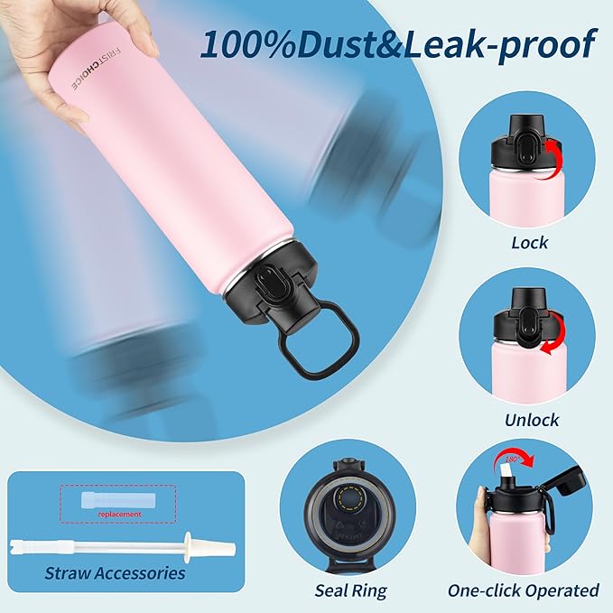 Insulated water bottle with Straw,24oz Stainless Steel Water Bottle for Adult Kids,Double Wall Vacuum Wide Mouth Insulated Water Bottle for Sports,BPA-free and Leak-proof（24oz,Pink）