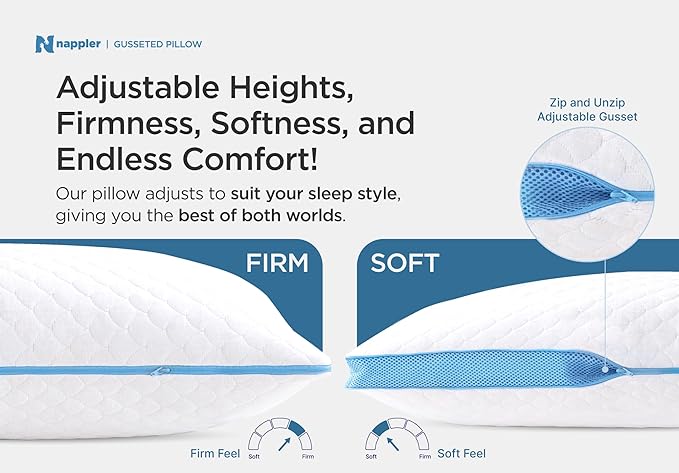 Side and Back Sleeper Pillow for Neck and Shoulder Pain Relief-Shredded Memory Foam Bed Pillow for Sleeping - 100% Adjustable Fill - Standard Size Set of 2 Washable Case. Extra Fill Included