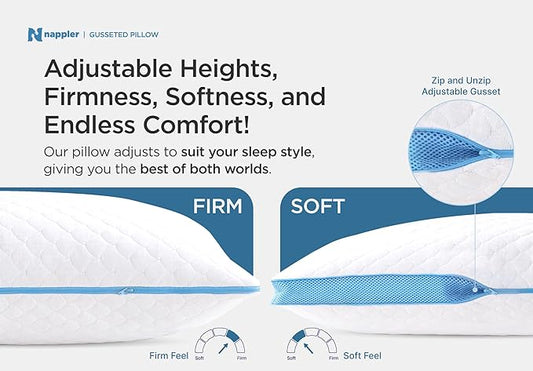 Side and Back Sleeper Pillow for Neck and Shoulder Pain Relief-Shredded Memory Foam Bed Pillow for Sleeping - 100% Adjustable Fill - Standard Size Set of 2 Washable Case. Extra Fill Included