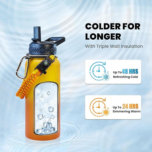 Insulated Water Bottle 32 oz, Triple Wall Vacuum Stainless Steel (Cold for 48 Hrs), Leak Proof & Non-BPA, Modern Water Flask Jug with Paracord Handle & Straw Spout Lids, Ombre Orange