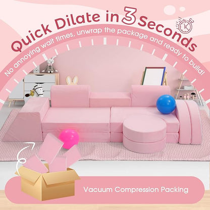 Modular Kids Sofa Play Couch, 12-Piece Kids Couch Sectional Sofa for Playroom Fort Buliding, 3S Instant Rebound and Fully Expand, Versatile Kids Play Couch for Toddler to Teen
