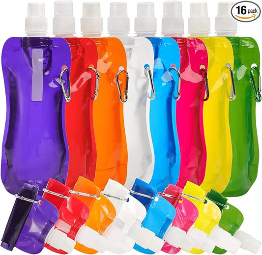 Youeon 16 Pack 16 Oz Collapsible Water Bottles BPA-Free, Reusable Foldable Canteen, Plastic Water Bottle with Carabiner, Drinking Water Bags Water Pouch for Gym, Hiking, Camping, Climbing, Travel