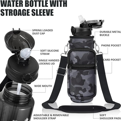 Fimibuke 32 oz Water Bottle with Sleeve - BPA Free Leakproof Sport Large 1L Plastic Motivational Water Bottle with Straw Strap & Insulated Neoprene Holder Carrier Bag Great Xmas Gift for Women Men