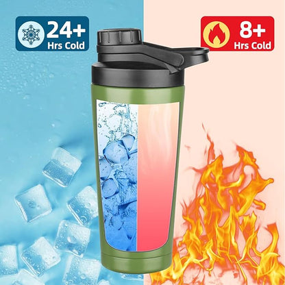 24 oz Shaker Bottle,Stainless Steel Shaker Bottle with Noise-Free Design,Insulated Metal Shakers Bottles Cup for Protein Mixes and Pre Workout,Gym Shaker Bottle(Green)