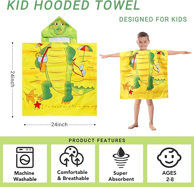 Kids Crocodile Hooded Beach Towel Boys Cute Poncho Pool Towels with Hood 24*47 in Soft Microfiber Swim Cover-ups for Kids Ages 3-10 Thick Absorbent Cotton Hooded Bath Towels Wrap Bathrobe