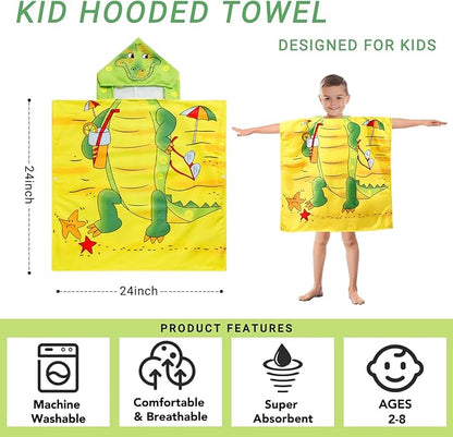 Kids Crocodile Hooded Beach Towel Boys Cute Poncho Pool Towels with Hood 24*47 in Soft Microfiber Swim Cover-ups for Kids Ages 3-10 Thick Absorbent Cotton Hooded Bath Towels Wrap Bathrobe