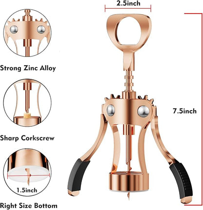 KORCCI Wine Opener, Wine Bottle Opener, Zinc Alloy Wing Corkscrew Heavy Duty, Cork Screw Beer Opener for Bartenders, Multifunctional Bottle Opener for Kitchen, Restaurant, Bar, Waiters (1, Rose Gold)