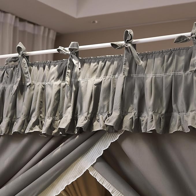 4 Corners Post Princess Ruffle Curtain Bed Canopy Lace Up Elastic Cozy Breathable Tent Mosquito Net for Girls Bedroom Decoration(Grey, 59-64" W*82" L*82" H/Queen)