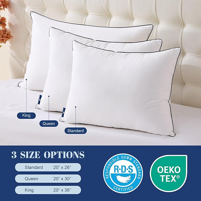 Goose Down Pillows King Size Set of 2, Luxury Hotel Collection Bed Pillow 2 Pack, Airyfil™ Powered Fillings & Feather Pillow，Soft Fluffy for Side, Back, Stomach Sleepers 20"x36"