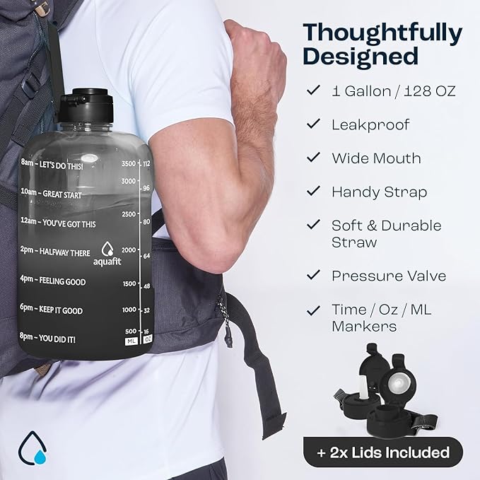 AQUAFIT 1 Gallon Water Bottle with Time Marker - BPA Free 128 oz Water Bottle with Straw, Gym Water Bottle with Handle, 1 Gallon Water Jug, Big Water Bottle, Large Water Bottle (White)
