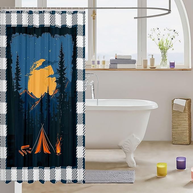 Feelyou Happy Camping Shower Curtain Rustic Farmhouse Style Fabric Shower Curtain for Kids Galaxy Bathroom Waterproof Accessories with 12 Hooks Dark Blue and White Plaid Curtains,72X72 Inches