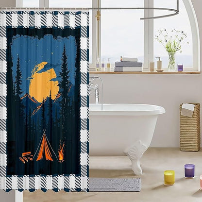 Feelyou Happy Camping Shower Curtain Rustic Farmhouse Style Fabric Shower Curtain for Kids Galaxy Bathroom Waterproof Accessories with 12 Hooks Dark Blue and White Plaid Curtains,72X72 Inches