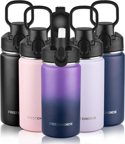 Kids Insulated Water Bottle with Straw,14oz Stainless Steel Water Bottle,BPA-free and Leak-proof,Double Wall Vacuum Water Flask for School,Gifts for Boys and Girls（14oz,Purple Navy blue）