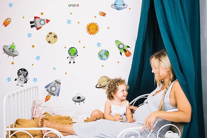 Solar System Wall Decals for Kids by Lipastick - Space Animal Wall Stickers Boys Room Playroom - Galaxy Wall Decor - Kids Vinyl Wall Decal Peel and Stick - Outer Space Nursery Decoration S Size