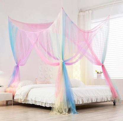 Mengersi Rainbow Canopy Bed Curtaina Mosquito Net for Bed Canopy, Four Corner Post Curtains Elegant Bed Netting, Screen Netting Canopy Curtains for Twin to Twin XL Size Bed