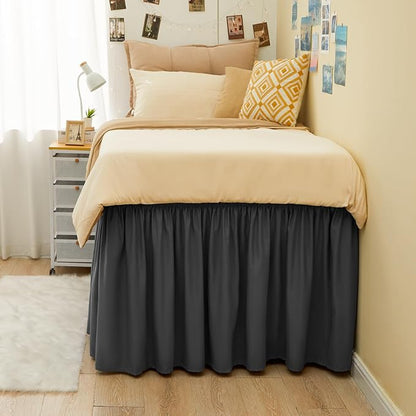 RIMELA Dark Grey Bed Skirt Twin 32 Inch Drop Silky Luxurious Fabric, Wrinkle and Fade Resistant with Adjustable Elastic Belt Easy to Install Machine Washable Dust Ruffles Bedskirt