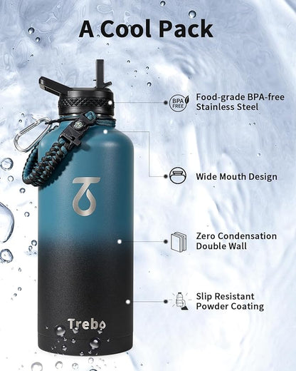 Trebo Water Bottle 87oz with Paracord Handle, Food-grade Double Wall Vacuum Stainless Steel Insulated Jug with Straw Spout Handle Lids, Leakproof Keep Cold & Hot,Indigo/Black