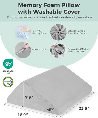 Knee Wedge Pillow with Pure Memory Foam, 8" Bed Wedge Pillow for Sleeping, Triangle Pillow for Back Support Elevated Pillow for Sciatica Knee Hip Ankles Back Pain Relief