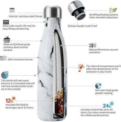 BJPKPK Insulated Water Bottles -17oz/500ml -Stainless Steel Water Bottles,Sports Water Bottles Keep Cold for 24 Hours and Hot for 12 Hours,BPA Free Water Bottle,Marble Frozen