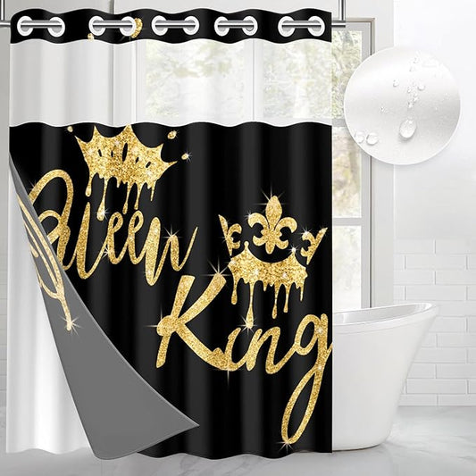 King and Queen No Hook Shower Curtain with Snap in Liner, Black and Gold Glitter Bath Curtain with Double Layers Waterproof Fabric and Mesh Top Window 71x74 Inch