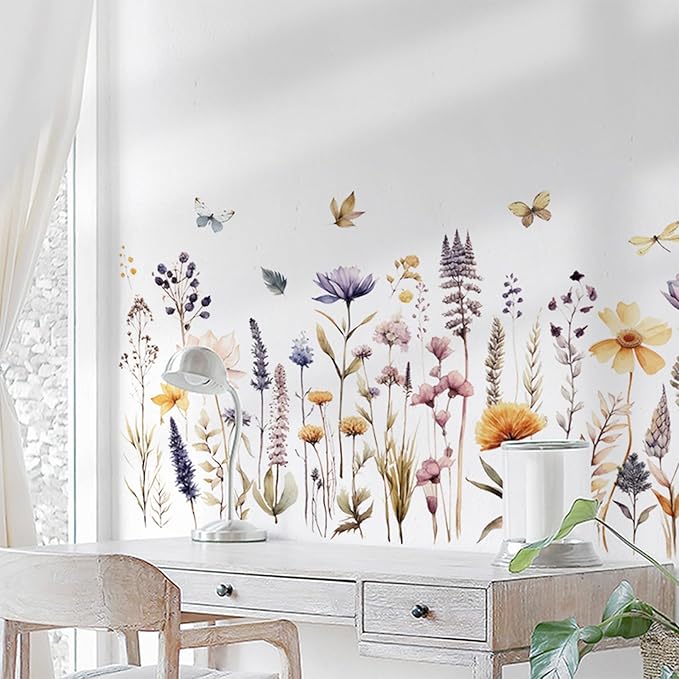 Flowers Wall Decals Wall Decor Vinyl Stickers, Wildflower Dandelion Grass Wall Art Murals, 3D Flower Pattern Self-Adhesive Wall Stickers for Girls Bedroom Living Room Nursery Decor