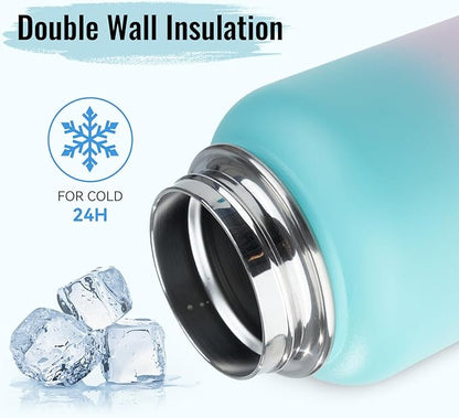 Stainless Steel Water bottle with Straw & Wide Mouth Lid, Wide Rotating Handle, 32oz Double Wall Vacuum Insulated Water Bottle Leak Proof, BPA Free, Keep Cold and Hot, 32oz, Purple Gradient