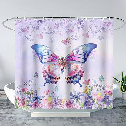 AILONEN Colorful Butterfly Shower Curtain for Girl Women,Purple Flower Beautiful Butterfly Printed Bath Curtain 72" W*72" H Polyester Fabric Waterproof Bathroom Bathtub Curtain with 12 Hooks