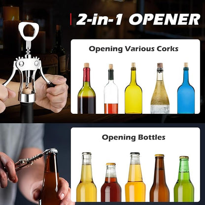 Wine Opener, Zinc Alloy Premium Wine Bottle Opener Wing Corkscrew Heavy Duty, Manual Multifunctional Cork Screw for Waiter, Silver