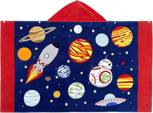 BANGSAUR Kids Hooded Beach Bath Towels, 100% Cotton 50"x30" Wrap Blanket, Toddlers Boys 3-12 Years Coverup Towel Outer Space N