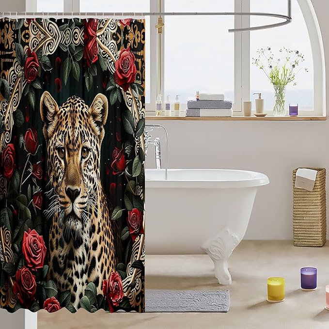 Feelyou Rose Leopard Bathroom Shower Curtain Set Boys Leopard Shower Curtain Leopard Bath Curtain for Kids Boys Girls Wild Leopard Kids Bathroom Accessories Wild Animal 72"x78"