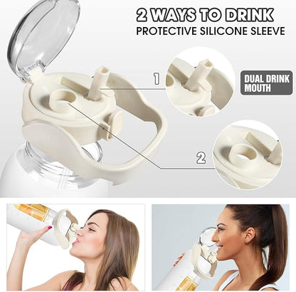 Glass Water Bottles 64 oz - Half Gallon Water Bottle with Straw Phone Holder Handle Time Marker and Silicone Sleeve, Large Motivational Water Jug with Carrier Bag for Daily Intake Gym White