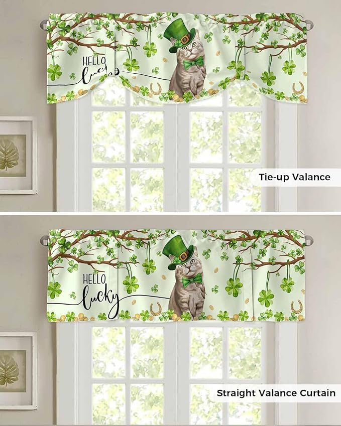 Lucky Cat St. Patrick's Day Blackout Tie Up Valance Curtains for Kitchen Windows Green Spring Shamrocks Tree Window Toppers Balloon Shades for Living Room/Bathroom/Bedroom,1 Panel, 42" X 12"
