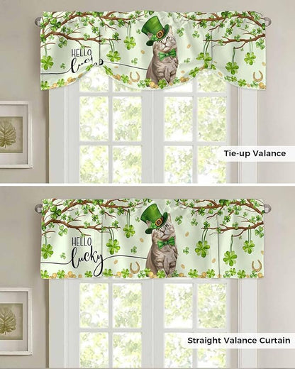 Lucky Cat St. Patrick's Day Blackout Tie Up Valance Curtains for Kitchen Windows Green Spring Shamrocks Tree Window Toppers Balloon Shades for Living Room/Bathroom/Bedroom,1 Panel, 42" X 12"