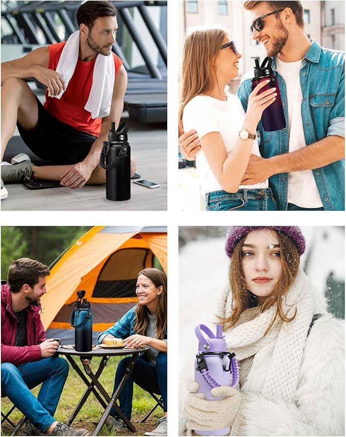 32oz/40oz/64oz Insulated Water Bottle with Straw & Spout Lids, Paracord Handle, Bottle Sleeve, Silicone Boot, Thermal Metal Flask Jug Keep Cold 48H & Hot 24H, Hydro Bottle for Travel Work Camping