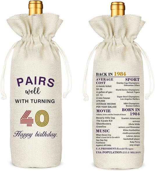 Socive 40th Birthday Gift for Women Men,40th Birthday Wine Bag,1984 Birthday Wine Bag,40 Years Old Birthday Party Decor Gift (40 BIRTHDAY)