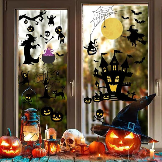 Halloween Witch Wall Decals Halloween Moon Bat Wall Stickers Happy Halloween Wall Decor Peel and Stick Vinyl Bat Ghost Spider Pumpkin Wall Art for Halloween Party Supplies.