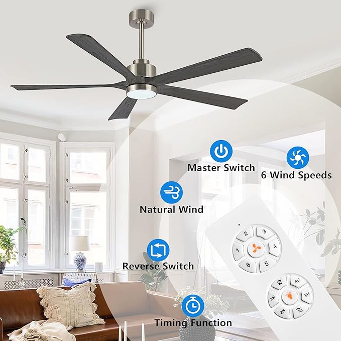 52" Modern Ceiling Fan with Lights and Remote Control, 5 Solid Wood Blades 6-Speed Noiseless Reversible DC Motor, Ceiling Fan for Bedroom Dinning Living Room, Nickel Finish with Wood Blades