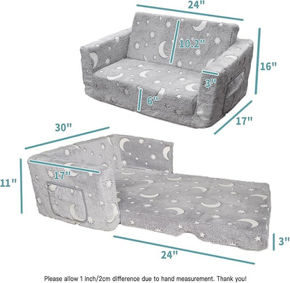 Glow in The Dark Chairs Children's Extra Wide Convertible Sofa to Lounger - Extra Soft 2 Seats 2 in 1 Flip Open Sleeper Couch for Toddler Kids Girls Boys