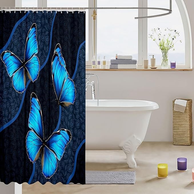 Feelyou Butterfly Shower Curtain 72"x84" Kids Butterflies Botanical Floral Print Bathroom Shower Curtain Set for Boys Girls Teens Geometric Stripes Bath Curtain Blue Bathroom Accessories