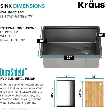 KRAUS Kore 27 Inch Undermount Workstation 16 Gauge Stainless Steel Single Bowl Kitchen Sink with Accessories in PVD Gunmetal Finish with Accessories, KWU110-27-PGM