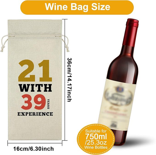 Sazuwu Funny 60th Birthday Gifts Wine Bag 60 Year Old Birthday Gifts for Friend 1964 Birthday Gifts Wine Bottle Decoration Bag 21 with 39 Years Experience Wine Accessories Gifts for Wine Lovers
