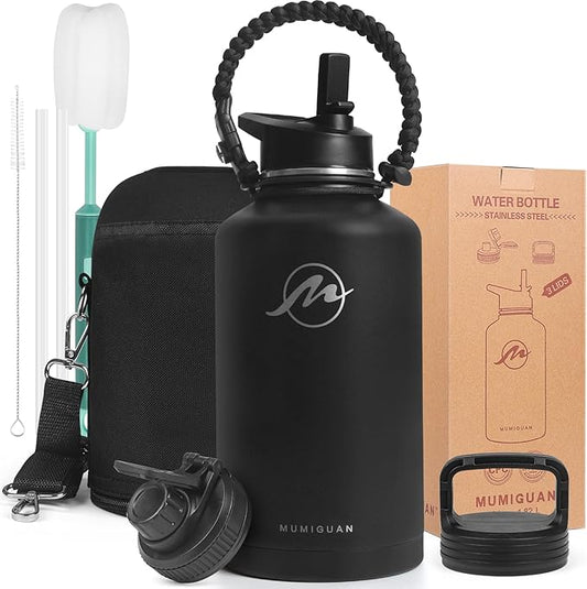 Insulated Water Bottle 64 oz with Straw Lid (3 Lids), Half Gallon Jug Flask, Large Metal Stainless Steel Bottle, 64 oz Double Wall Vacuum Sports Thermo Mug, Cold 48H Hot 24H (Black)