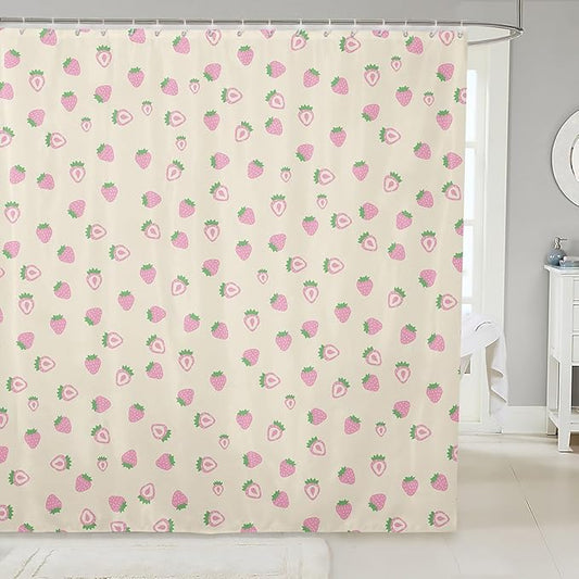 Feelyou Strawberry Fabric Shower Curtain Ivory White Shower Curtain for Kids Boys Girls Kawaii Fruit Bathroom Waterproof Accessories with 12 Hooks Cute Curtains,72x84 Inches