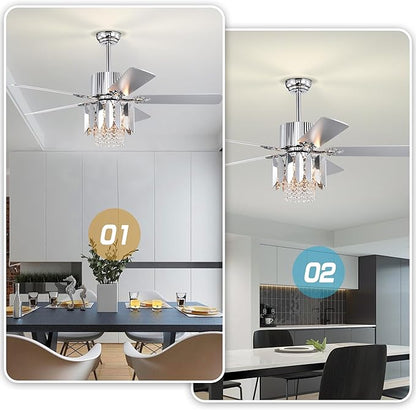 NicBex Ceiling Fan 52 Inch Ceiling Fan with Lights Ceiling Fans with 5 Reversible Blades and Remote Control Ceiling Fan with Crystal Lamp Shade for Bedroom, Living Room, Silver