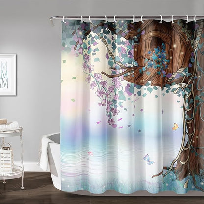 AILONEN Blue Tree Leaves Shower Curtain,Botanical Floral Plants Vine Shower Curtain,Butterfly Floral Shower Curtain for Bathroom Decor Polyester Waterproof with Grommets and Hooks 72" W*84" H
