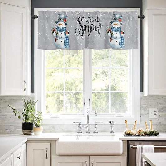 Snowman Christmas Valance Curtains for Kitchen Windows Let It Snow Winter Holiday Rod Pocket Window Treatment Toppers for Kitchen/Living Room/Bedroom/Bathroom, 54" X 18", Grey White