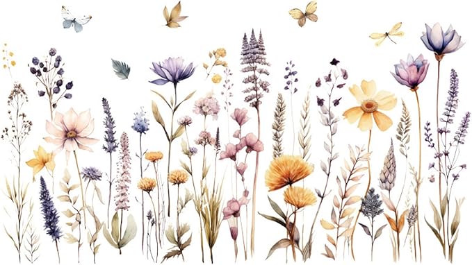 Flowers Wall Decals Wall Decor Vinyl Stickers, Wildflower Dandelion Grass Wall Art Murals, 3D Flower Pattern Self-Adhesive Wall Stickers for Girls Bedroom Living Room Nursery Decor